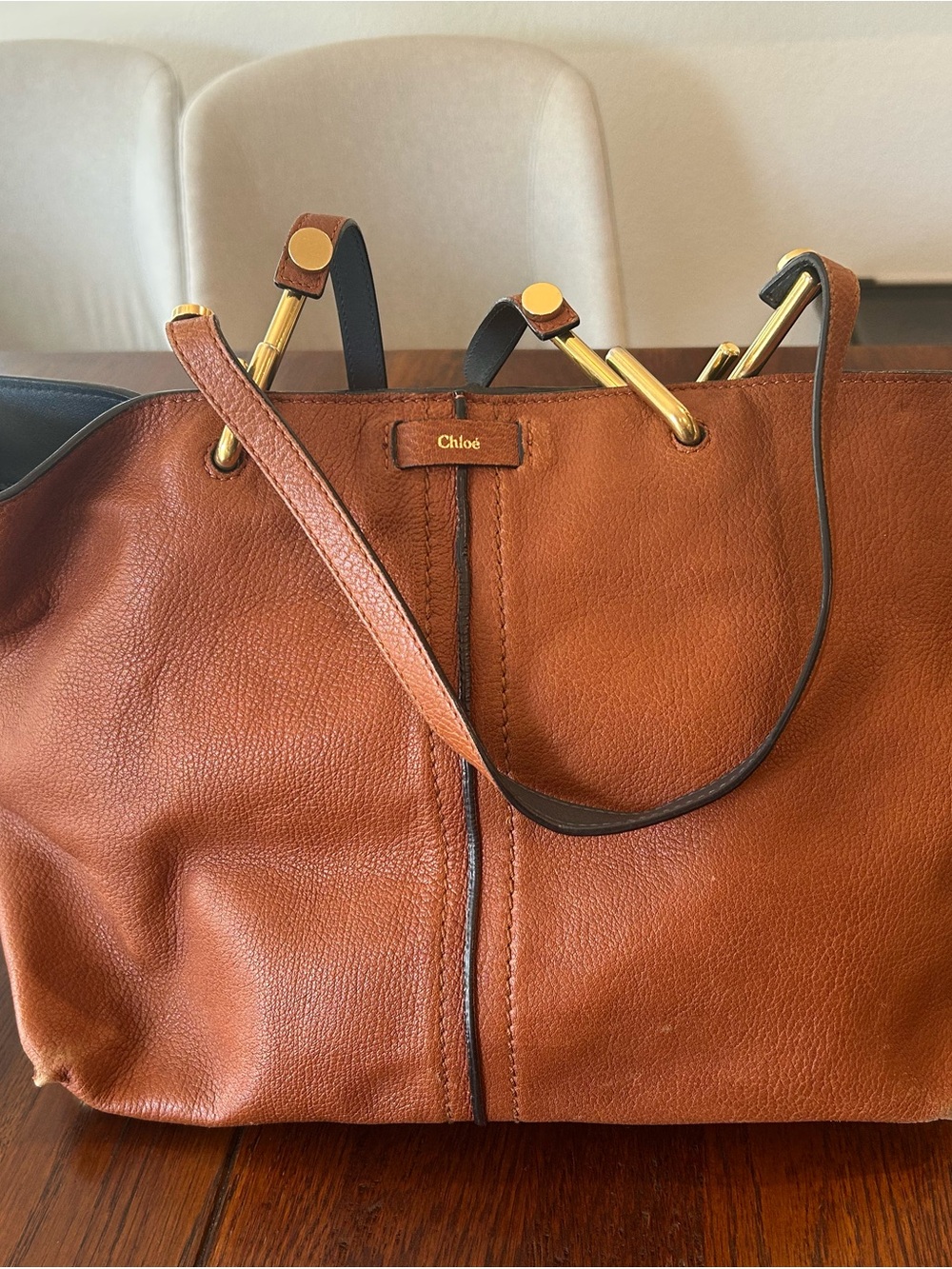 Chloé Cognac Brown Leather Tote with Gold Hardware